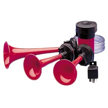 003001671 – HELLA Air Horn, Triple-Tone Frequency 880/ 820/ 780 Hertz Trumpet Style Painted Red Plastic With Compress...